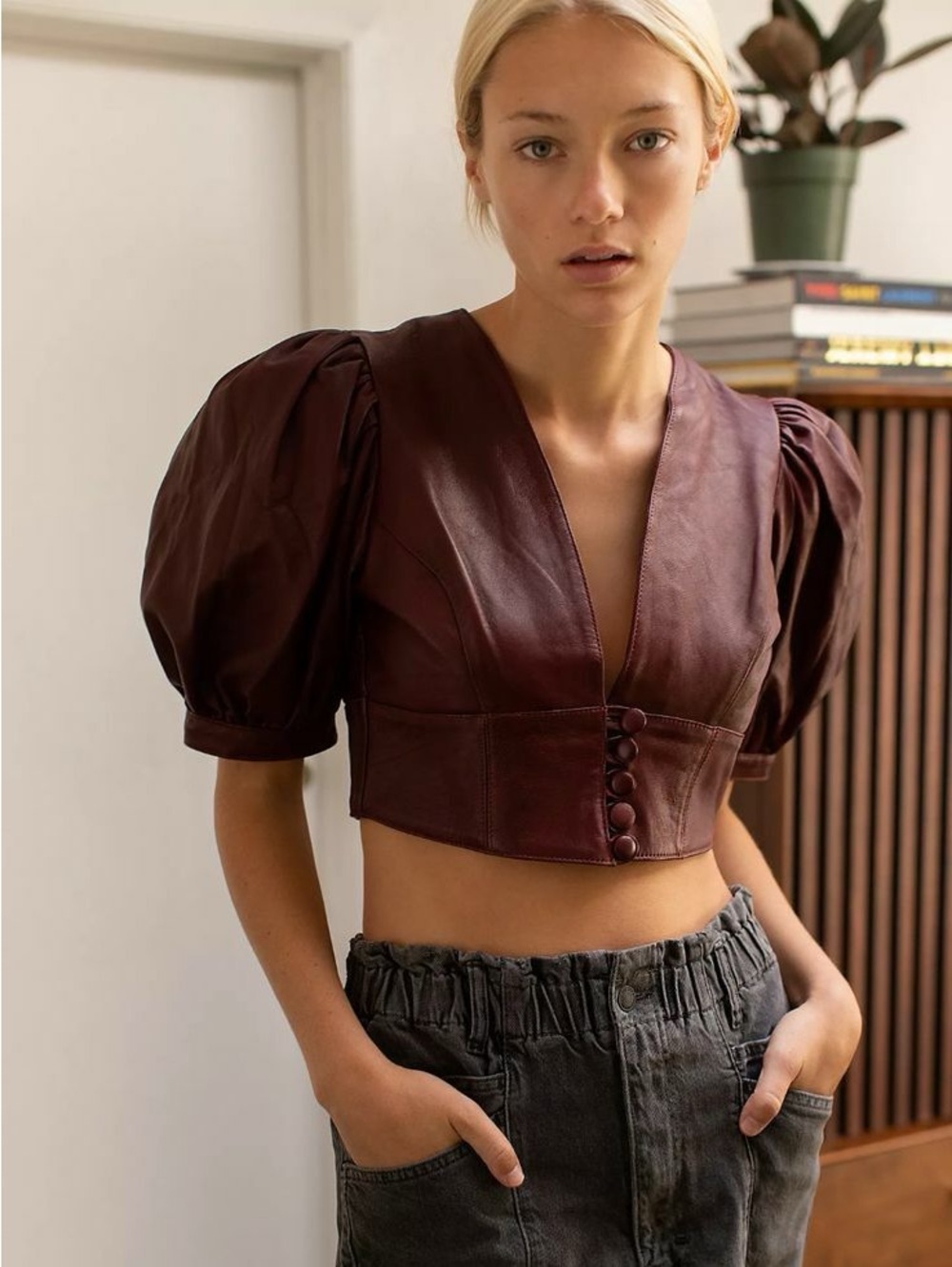 Free People Bastille Puff Sleeve Cropped Leather Top